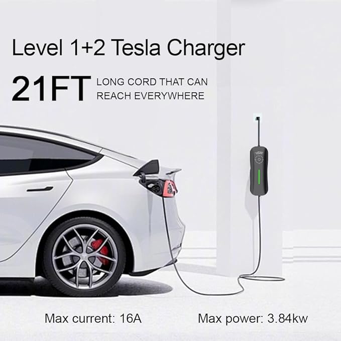 Level 1+2 Tesla EV Charger,16 Amp 120V /240V,Adjustable Plug-in Electric Vehicle Charging Station with 21FT Cable NEMA 6-20 Plug NEMA 5-15 Adapter, Only for Tesla Models X/Y/3/S