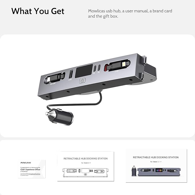 125W Max Retractable USB Hub, Tesla New Model Y Juniper (2026/2025) Accessories, Super Fast Charger Up 65W for MacBook Pro/Air/iPhone 16/15/Samsung Series, 5 in 1 Docking Station