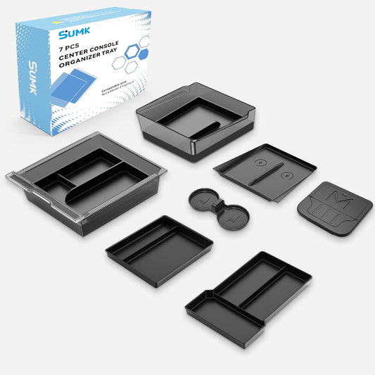 7PCS Center Console Organizer Tray for Tesla Model 3 Accessories 2024 2025 2026 [Premium PC + Silent Silicone Liner] Bottom Liners Armrest Privacy Hidden Storage Cup Holder Wireless Charging Pad