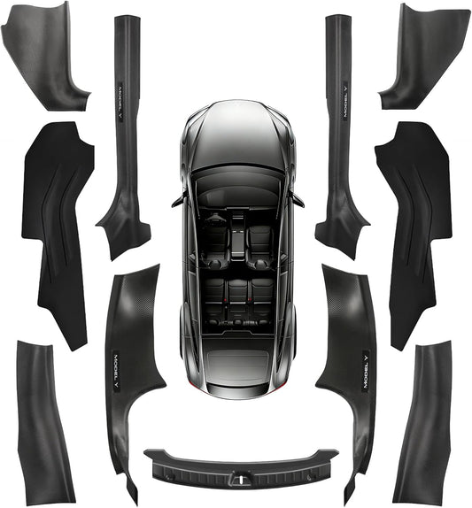 11PCS Carbon Fiber Door Sill Protector Model Y Juniper 2025 2026 8Pcs Door Sill Protector and 2Pcs Center Console Anti-Kick Pads and Rear Bumper Guard for Tesla Model Y Juniper Accessories