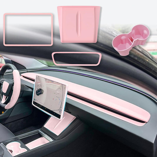 4 PCS Silicone Center Console Accessories Kit for Tesla Model Y Juniper 2025 2026, Including Center Console Mat, Cup Holder Insert, Screen Edge Protector Frame, and Mirror Frame Protectors (Pink)