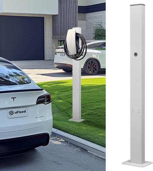 EV Charger Pedestal Outdoor Stand, EV Post for Tesla Wall Connector Gen 3, Compatible with J1772 EV Chargers, Heavy Duty Charging Station Pole, White