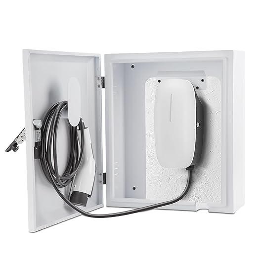 Electric Vehicle Car Charger Cover Protector Compatible with Tesla, Wall Charging Station Box Indoor/Outdoor, Cable Cord Holder, Double Locks, EV Charger Enclosure for EV Charger, White