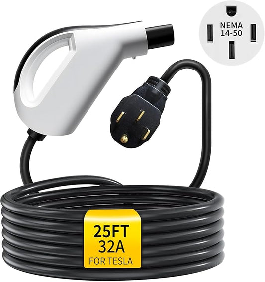 Level 2 Tesla Charger 32A 240V 25FT - 7.68kW Faster Portable EV Charging Station with Integrated NEMA 14-50 Plug - Mobile Connector Alternative for Tesla Model 3/Y/S/X (NACS Compatible)