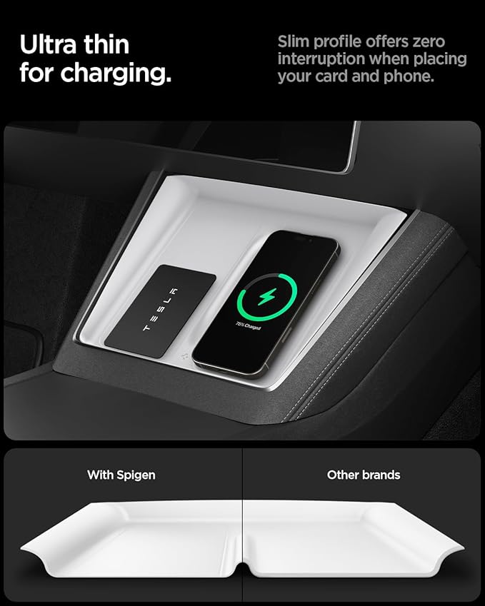 Spigen Ultra-Thin Wireless Charging Pad [Unobstructed Charging] Protective Silicone Mat Cover Accessories for 2025-2026 Tesla Model Y Juniper Premium/Performance - White