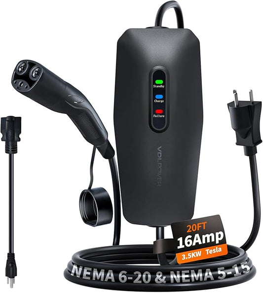 Level 1/2 Tesla Charger 16Amp, Electric Vehicle Portable Charger with 20FT Cable, 3.5KW Home EV Charging Station for Tesla Models Y/X/3/S,110V-240V, NEMA 6-20 & NEMA 5-15 Plug