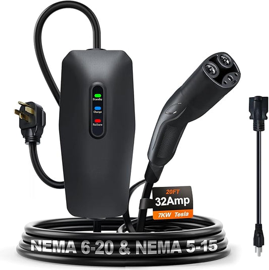 Level 2 Tesla Charger, Level 2 EV Charger for Tesla with 20FT Cable, 7KW 32Amp, NEMA 14-50 Plug, NACS Connector, 240V Portable Electric Car Charger for Tesla Models Y/X/3/S