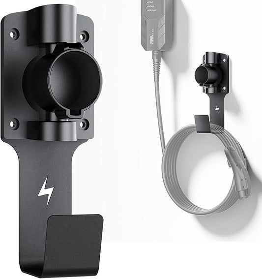 EV Charger Holder, with 180° Rotation Nozzle Dock, Metal J-Hook for SAE J1772 Charger Holder Organizer Wall-Mount Connector Electric Vehicle Charging Cable Car Accessories