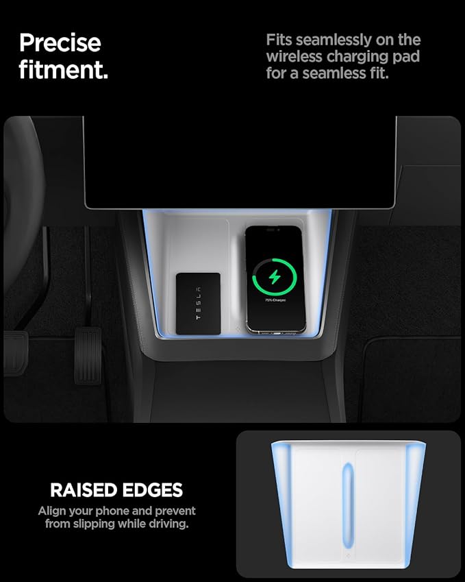 Spigen Ultra-Thin Wireless Charging Pad [Unobstructed Charging] Protective Silicone Mat Cover Accessories for 2025-2026 Tesla Model Y Juniper Premium/Performance - White