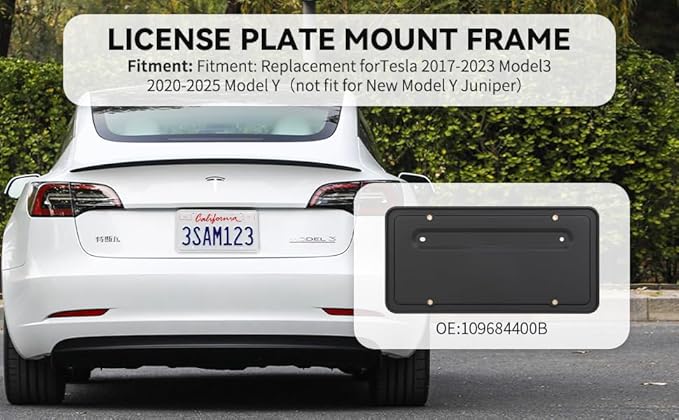 109684400B Rear License Plate Frames for 2017-2023 Tesla Model 3 and 2020-2025 Model Y Car, Rear Plate Holder with 4 Brass Mounting Screw Holes, Rust Proof Rattle Proof License Plate Holder Bracket