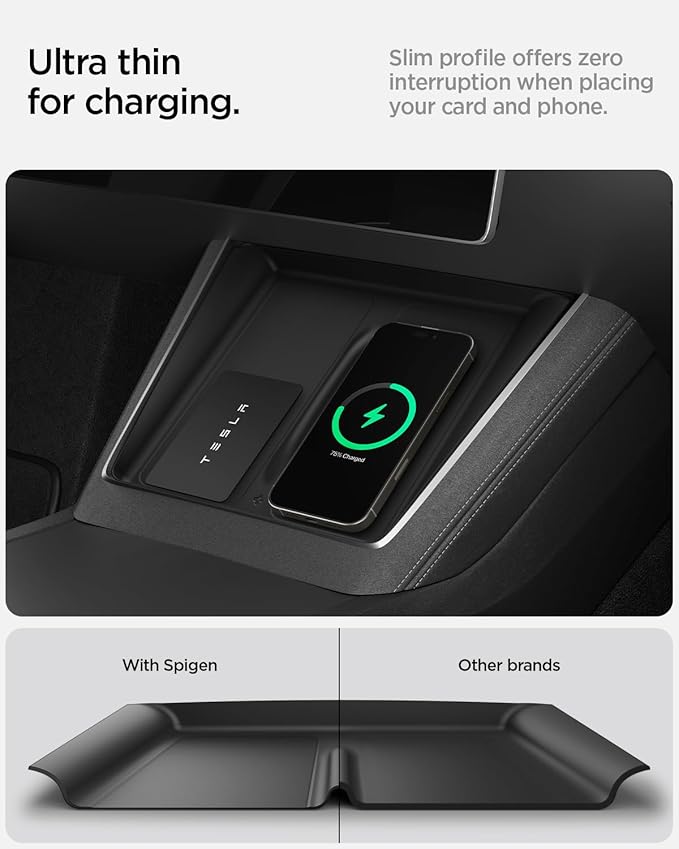 Spigen Ultra-Thin Wireless Charging Pad [Unobstructed Charging] Protective Silicone Mat Cover Accessories for 2025-2026 Tesla Model Y Juniper Premium/Performance - Black
