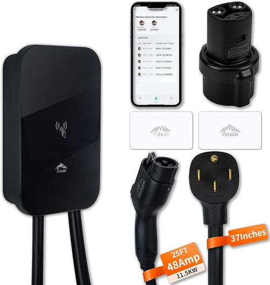 Elegant Level 2 EV Charger, 48 Amp & 240V, NEMA 14-50 Plug, Metal Case, Indoor/Outdoor, Tesla Adapter, 2.4GWiFi/RFID/App Control, 25' Cord