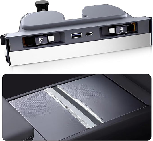 USB Hub for Tesla Model Y Juniper 2025 2026 Model 3 Highland 2024 2025 with Sliding Cover, 119W Dual Type-C Retractable Cables Multi Ports Fast Charger fit Center Console Docking Station