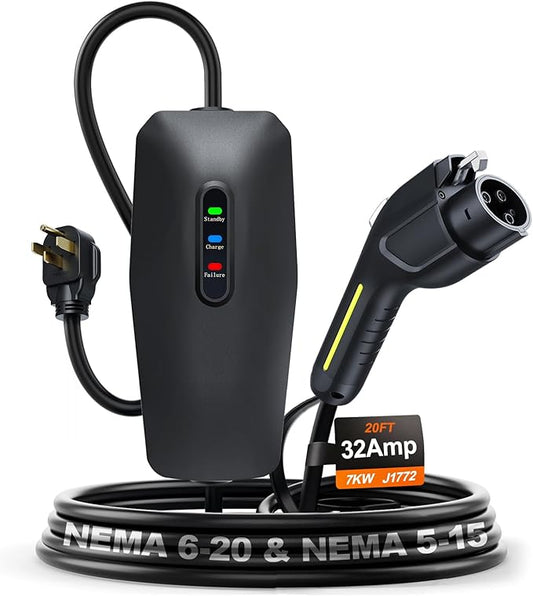 Level 2 EV Charger 32A 7KW - 20FT Cable & NEMA Adapter (14-50) - 240V Portable Electric Car Charger for All SAE J1772 EVs