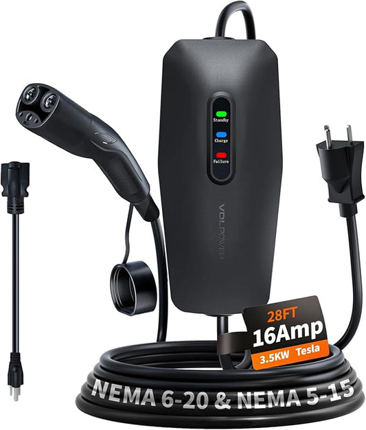Level 1/2 Tesla Charger 16Amp, Electric Vehicle Portable Charger with 28FT Cable, 3.5KW Home EV Charging Station for All Tesla Models Y/X/3/S,110V-240V, NEMA 6-20 & NEMA 5-15 Plug
