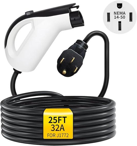 25FT Level 2 EV Charger 32A 240V – 7.68kW Fast J1772 Portable Charger for Home & Travel, NEMA 14-50 Plug, Compatible with SAE J1772 EVs (Non-Tesla)