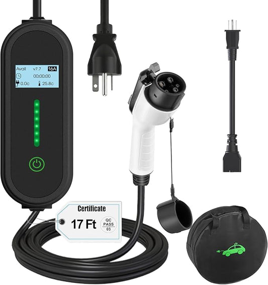 EV Charger Level 1 Level 2 for All SAE J1772 Electric Cars,16A 110V/240V Portabl Electric Vehicle Charging Station with NEMA 6-20 Plug & NEMA 5-15 Adapter