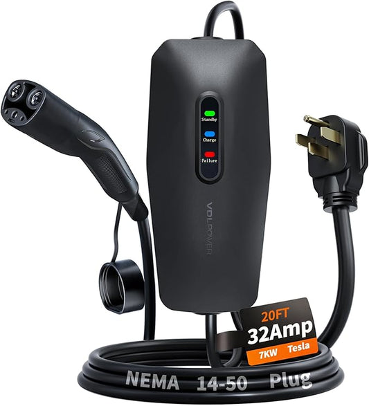 Level 2 Tesla Charger 32Amp, 7KW Electric Vehicle Portable Charger with 20FT Cable, Home EV Charging Station for Tesla Models Y/X/3/S, 240V NEMA 14-50 Plug