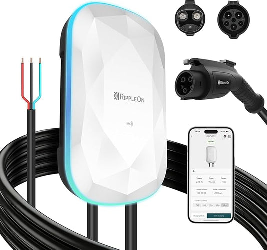 RIPPLEON Level 2 EV Charger - Dual Plug Type Universal Wall Connector Hardwired 11.5Kw - Compatible for All North American EVs - 48Amps 240V Tesla Wall Charger, UL, FCC, Energy Star Certified White