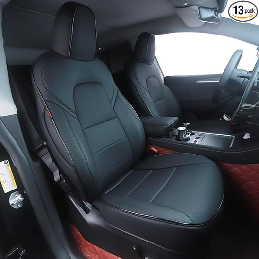 HKZ Custom Fit Model Y Leather Seat Covers for Tesla Model Y 2019 2020 2021 2022 2023 2024,5-Seat Full Set,Car Seat Protector - Black