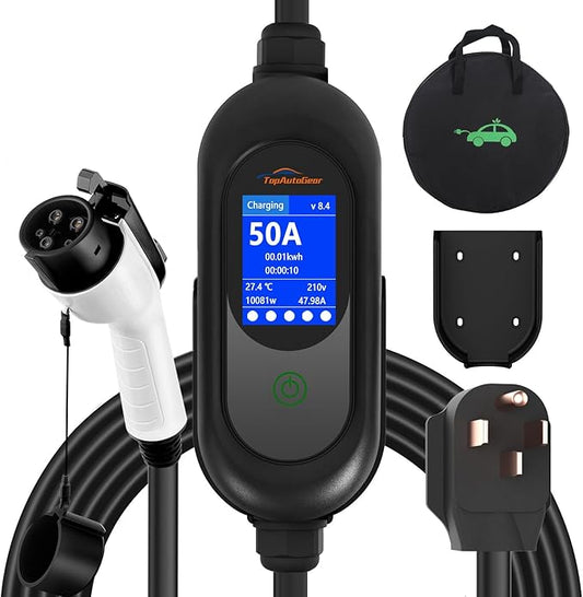 Level 2 EV Charger 50A 240V Portable EVSE 45 Miles Per Hour Fast Charging, NEMA 14-50 Plug, 25FT Cable, SAE J1772 Compatible, Smart LCD Delay Timer, Home Outdoor Use