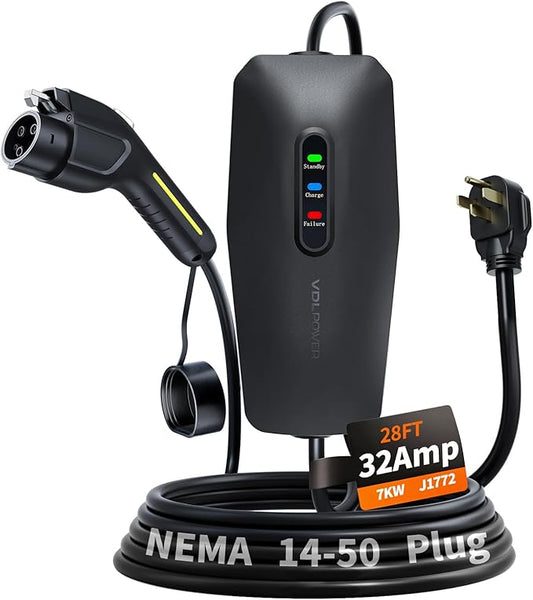 Level 2 EV Charger, 32A/7KW Electric Vehicle Portable Charger with 28FT Cable, Home EV Charging Station, 240V NEMA 14-50 Plug, for All SAE J1772