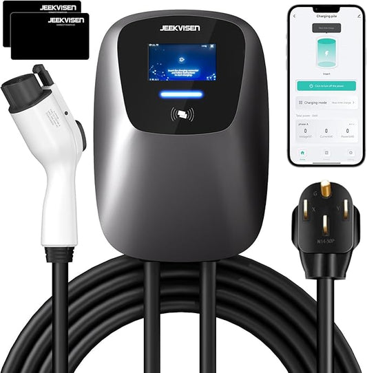 Level 2 EV Charger 48Amp 240V NEMA 14-50 Plug: Electric Vehicle Charging Station with APP Control, WiFi Enabled EVSE, RFID Card - Compatible with Tesla and All EV Brands (Gray)
