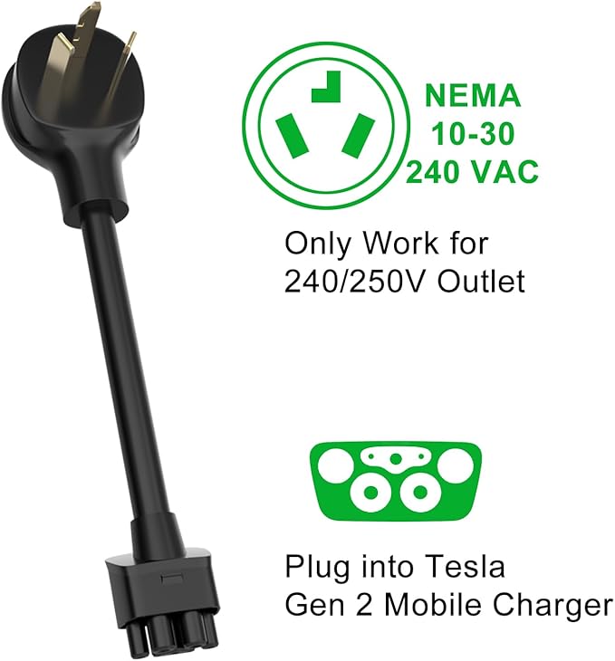10 Inches NEMA 10-30 Adapter for Tesla Gen 2 Mobile Charger, Max 24Amp, Only Work for 240/250V Outlet, Compatible with Tesla 3/S/X/Y (Model S/X Vehicles Made Before 2018 are not Supported)