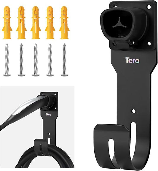 Tera EV Charger Cable Holder for Tesla: Waterproof Wall Mount Connector Organizer with J-Hook for Electric Vehicle Charging Station