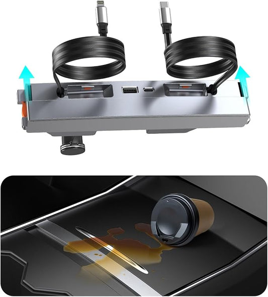 USB Hub for Tesla Model 3 2024 2025 （Y Juniper）Waterproof -Fast Charger Tesla Accessories for Tesla Model 3 Highland(Juniper) USB Charger Hub 4-Ports Retractable Phone Charger USB Hub docking station