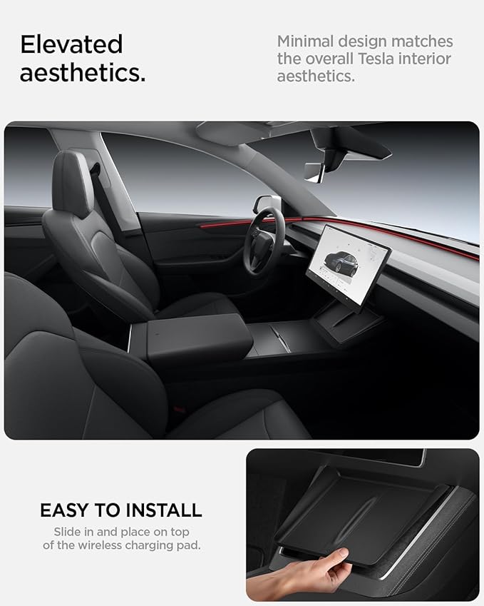 Spigen Ultra-Thin Wireless Charging Pad [Unobstructed Charging] Protective Silicone Mat Cover Accessories for 2025-2026 Tesla Model Y Juniper Premium/Performance - Black