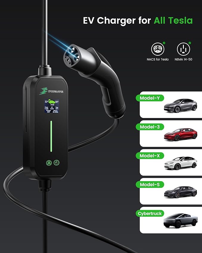 32A Level 2 Tesla Charger, [1.8″ Led Screen, 10-32A Adjustable Current, Timing Delay, Ip67/Ip65] 25ft Tesla Mobile or Home Wall Charger, 240V Nema 14-50 Plug, Wall Mount, Connector for Model X/Y/3/S
