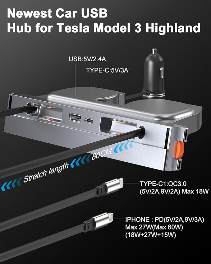 USB Hub for Tesla Model 3 2024 2025 （Y Juniper）Waterproof -Fast Charger Tesla Accessories for Tesla Model 3 Highland(Juniper) USB Charger Hub 4-Ports Retractable Phone Charger USB Hub docking station