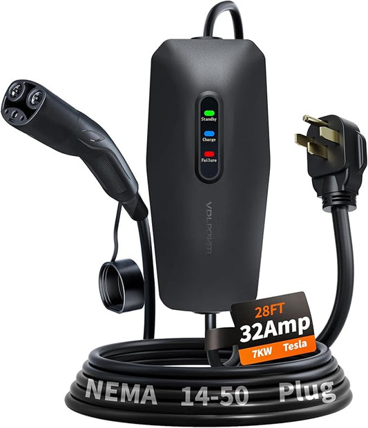 Level 2 Tesla Charger 32Amp, 7KW Electric Vehicle Portable Charger with 28FT Cable, Home EV Charging Station for All Tesla Models Y/X/3/S, 240V NEMA 14-50 Plug