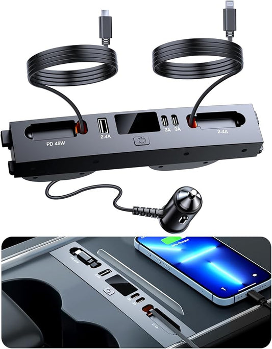 Car USB Charger Multi Port for 2024 2025 Tesla Model 3 Highland & New Model Y Juniper 2026,Multifunctional Tesla Accessories Retractable Cable,Tesla USB hub,Gifts for Tesla Owners.