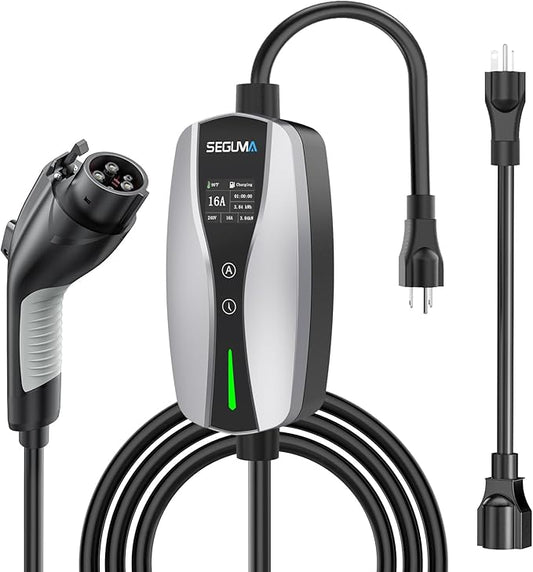 Level 1/2 EV Charger, 16Amp Adjustable Current NEMA 5-15 Plug/NEMA 6-20 Adapter, Timing Delay & LED Display 25FT Cable Portable EV Charging Station for J1772 BEVs/PHEVs 110V-240V(Silver)
