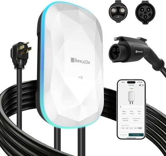 RIPPLEON Level 2 EV Charger - Dual Plug Type Universal Wall Connector Nema Plug-in 9.6 Kw - Compatible for All North American EVs - 40Amps 240V Tesla Wall Charger, UL, FCC, ENERGY STAR Certified White