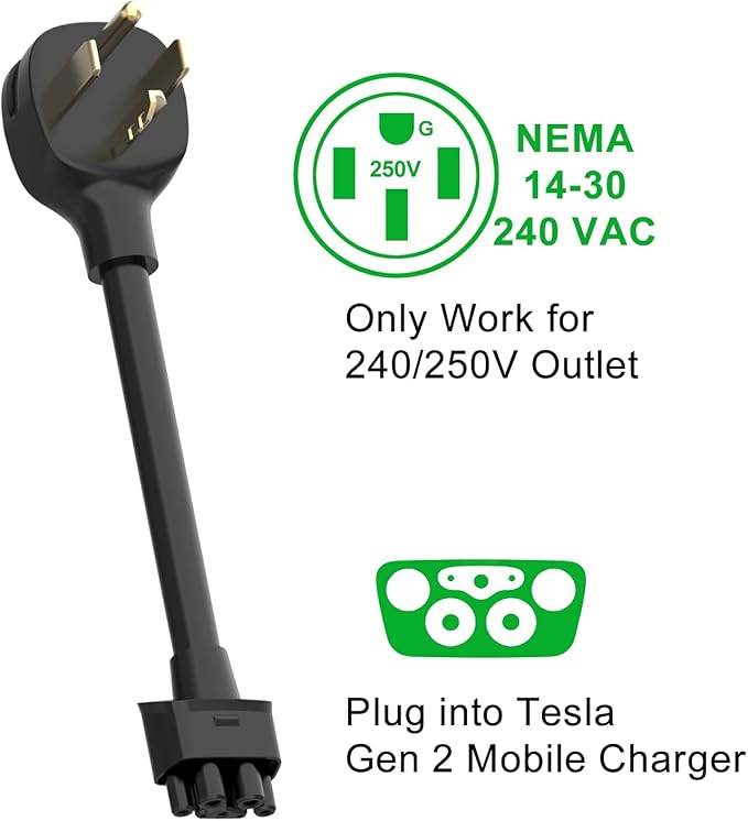 16 Inches NEMA 14-30 Adapter for Tesla Gen 2 Mobile Charger, Max 24Amp, Only Work for 240/250V Outlet, Compatible with Tesla 3/S/X/Y (Model S/X Vehicles Made Before 2018 are not Supported)