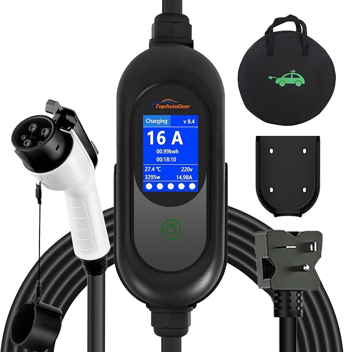 Portable EV Charger 16A Level 1&2, 110V-240V Electric Vehicle Charger with LCD Display, 17FT Cable SAE J1772 Charger for Home & Outdoor, IP54 Waterproof, 5 Year Warranty