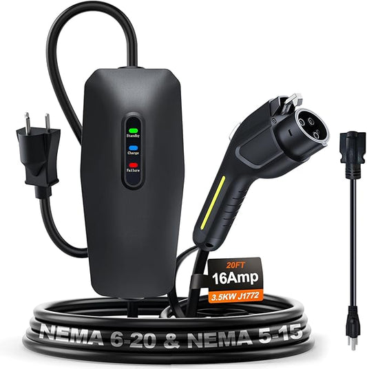 Level 1&2 EV Charger 2026 Upgraded 16A 3.5KW - 20FT Cable & Dual NEMA Adapter (5-15/6-20) - 110V-240V Portable Electric Car Charger for All SAE J1772 EVs