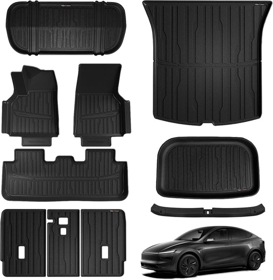 10PCS Floor Mats Fit for 2026+Tesla Model Y Juniper Set Full Protection All Weather TPE Anti-Slip Custom Fit Floor& Frunk& Trunk& Rear Lower& Backrest Mat& Bumper Guard(Not Fit Standard)