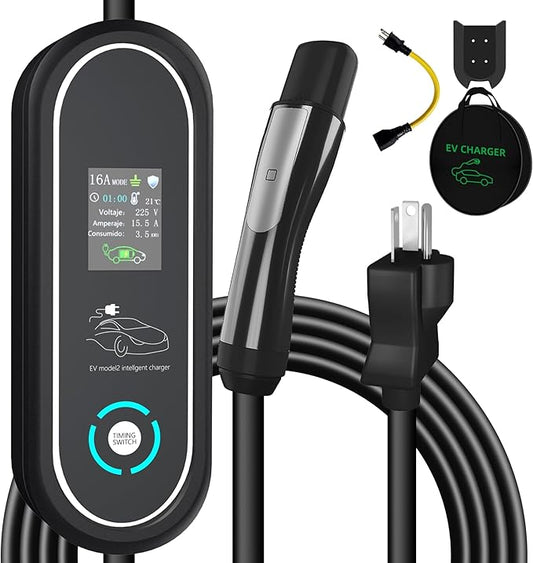 for Tesla Charger Level 1/2, 16A Mobile Charger with 240V NEMA 6-20 Plug, 120V NEMA 5-15 Adapter, Adjustable Current, Scheduled Charging for Tesla Model Y/3/S/X