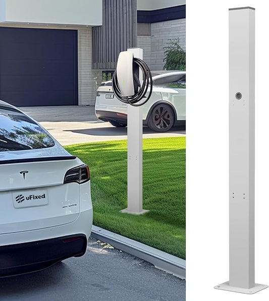 EV Charger Pedestal Outdoor Stand, EV Post for Tesla Wall Connector Gen 3, Compatible with J1772 EV Chargers, Heavy Duty Charging Station Pole, White