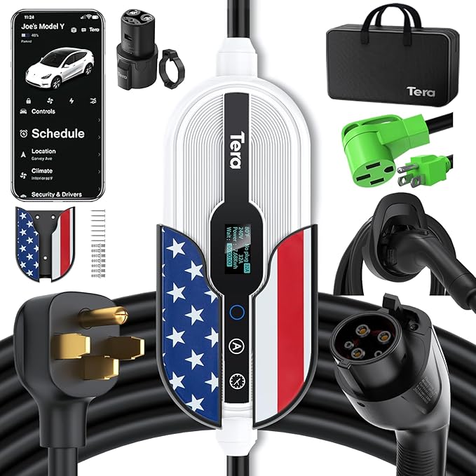 Tera Electric Vehicle Charger for Tesla: Level 1 & 2 J1772 EV Portable 32A 8A 110V 240V Wall Connector Dual Use ETL NEMA 14-50 & 5-15 Wi-Fi Enabled 25FT Cable with Holder P01