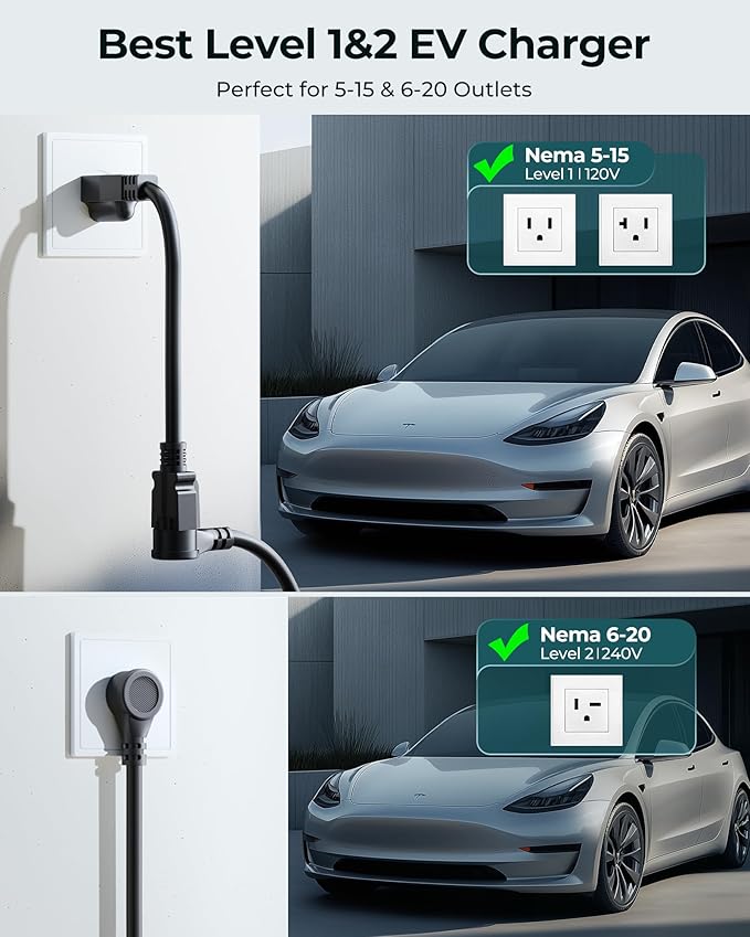 Ecogenix Level 1/2 Tesla Mobile Charger, 16A/110V-240V Portable Home Charging Cable for Model 3/Y/S/X, Adjustable Amps, Apartment-Friendly, 21ft Tesla Universal Charger with NEMA 5-15 & 6-20 Plug