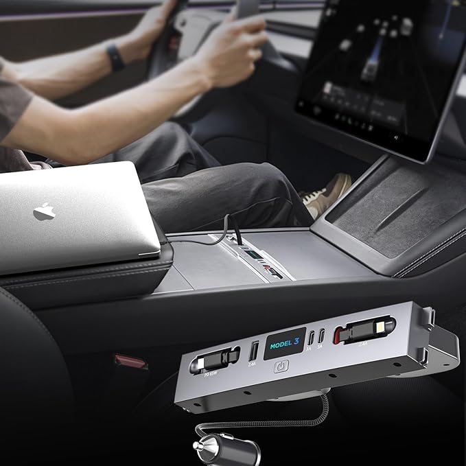 125W Max Retractable USB Hub, Tesla New Model 3 Highland (2025/2024) Accessories, Super Fast Charger Up 65W for MacBook Pro/Air/iPhone 16/15/Samsung Series, 5 in 1 Docking Station