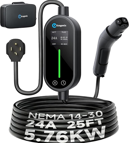 Ecogenix Level 2 Tesla Home Charger, 24A/240v Dryer Outlet Portable Mobile Charging Cable for Model 3/Y/S/X, Adjustable Amps, Apartment-Friendly, 25ft Tesla Universal Connector with NEMA 14-30 Plug