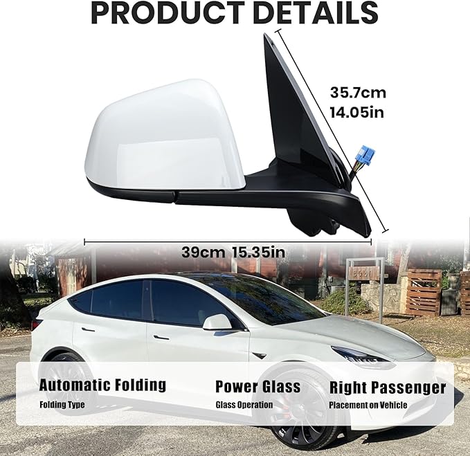 Right Passenger Side Mirror Compatible with Tesla Model Y 2020-2024 Replacement 1594112-00-C 159411200C Power Folding Heated Memory 13 Pins White