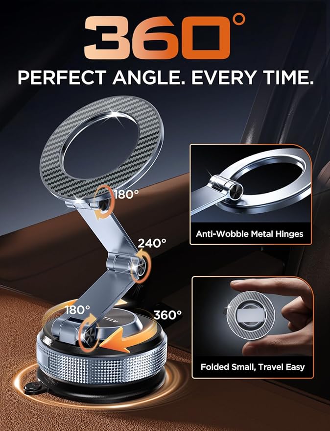 Car Phone Holder 360° Adjustable Tesla Magnetic Phone Mount Foldable Car Mount 2026 Zinc-Alloy Magsafe Phone Holders for Your Car for iPhone 17 Pro Max 16 15 14 13 12 Plus,Carbon Fiber