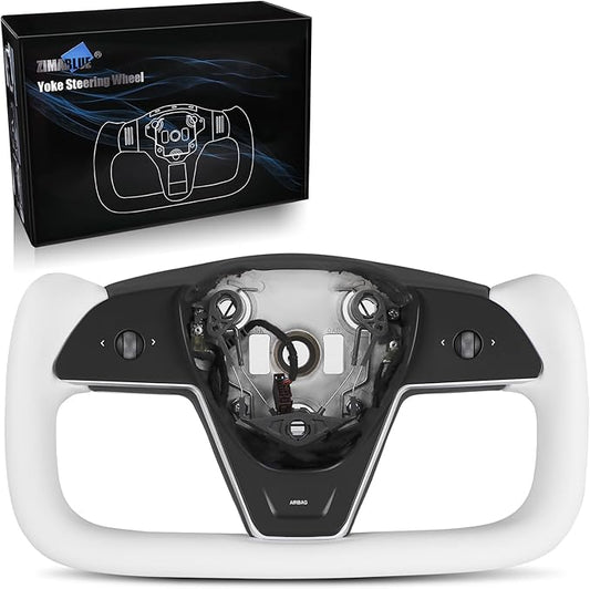 ZIMABLUE Yoke White Steering Wheel for Tesla Model 3 (2017–2023) & Model Y (2020–2024) | Heated | Nappa Leather | Hand-Stitched|Without Positioning line